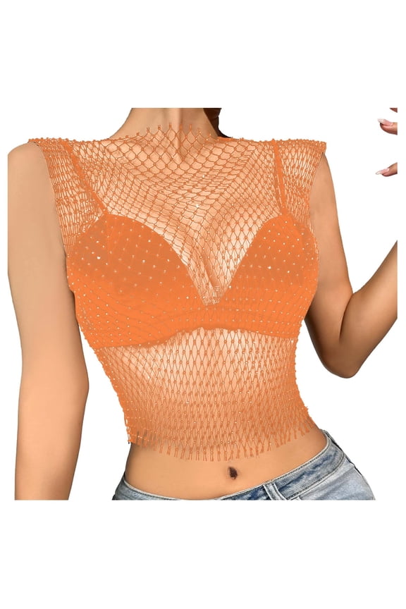 Women T Shirt Sexy Rhinestone Mesh Tank Crop Blouse Womens Tops C XS