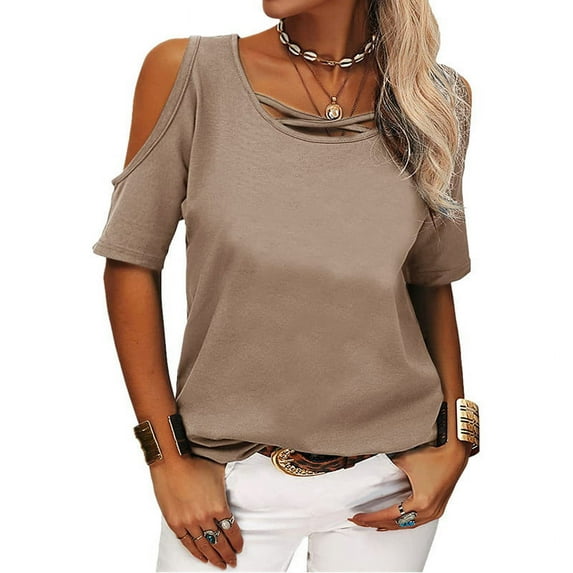 Women T-Shirt Solid Color Off Shoulder Loose Short sleeved T-shirt for Women Fashion Casual Pullover