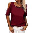 thumbnail image 1 of Women T-Shirt Solid Color Off Shoulder Loose Short sleeved T-shirt for Women Fashion Casual Pullover, 1 of 2