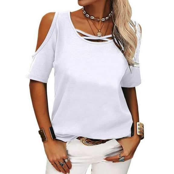 Women T-Shirt Solid Color Off Shoulder Loose Short sleeved T-shirt for Women Fashion Casual Pullover