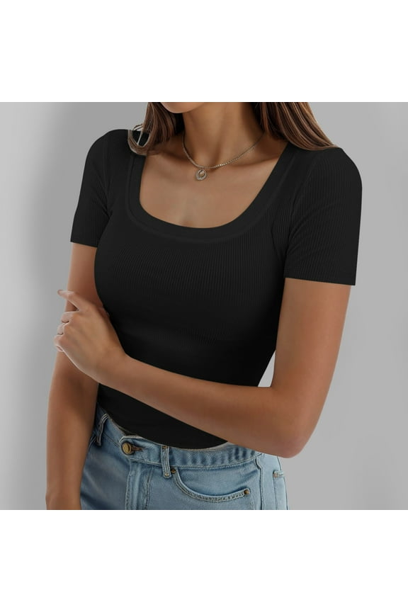 Women T Shirt Summer Short Sleeve Square Neck Slim Fitted Basic Top Basic Tees for Women Black XXL
