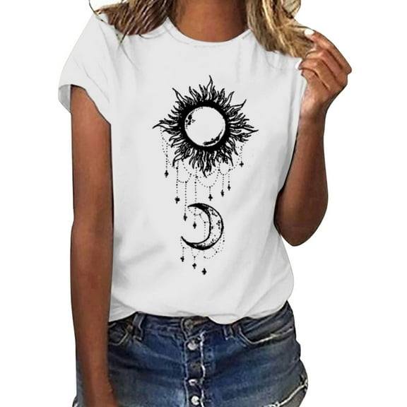 Women T-Shirt Sun Moon Star Printed T Shirt T-Shirt O-Neck Short Sleeve Graphic Cute Tees Trendy Boho Tops T Shirt Female Beach Clothes