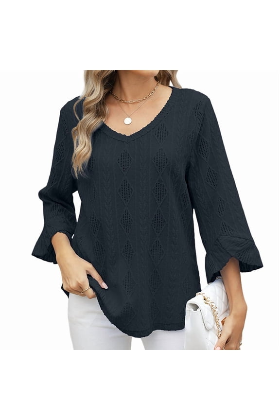 Women T Shirt V Neck 3/4 Ruffle Sleeve Eyelet Tops for Women Casual Blouses Tunic Top Trendy 2025 Black L