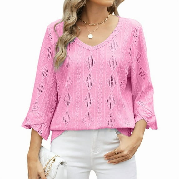 Women T Shirt V Neck 3/4 Ruffle Sleeve Eyelet Tops for Women Casual Blouses Tunic Top Trendy 2025 Pink L