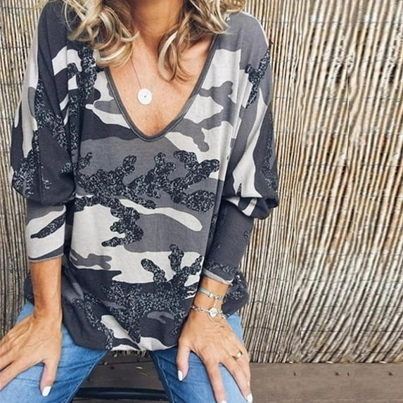 Women T-Shirt V Neck Camouflage Print Long Sleeve Tops Spring Casual Loose Ladies Tee Shirt Femme Womens Clothing Plus Size 5XL