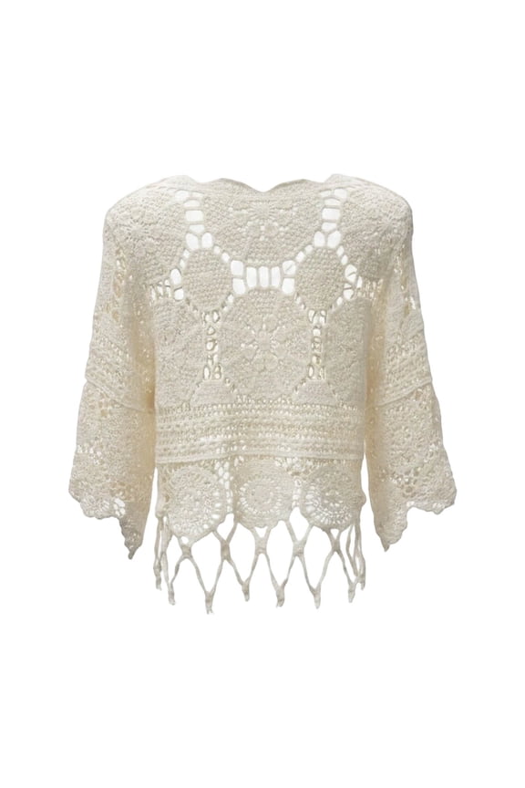 Women T Shirt Women's Hollow Out Knit Surplice Solid Shade Beach Casual T Shirt Top Beige One Size