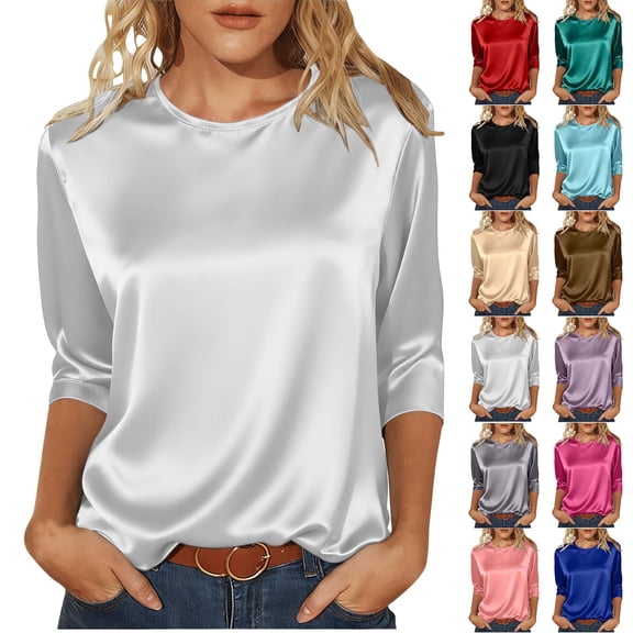 Women T Shirt Women's Summer Tops Women's Spring/Summer Satin Three-Quarter Sleeve Round-Neck Solid Color Pullover Top White S