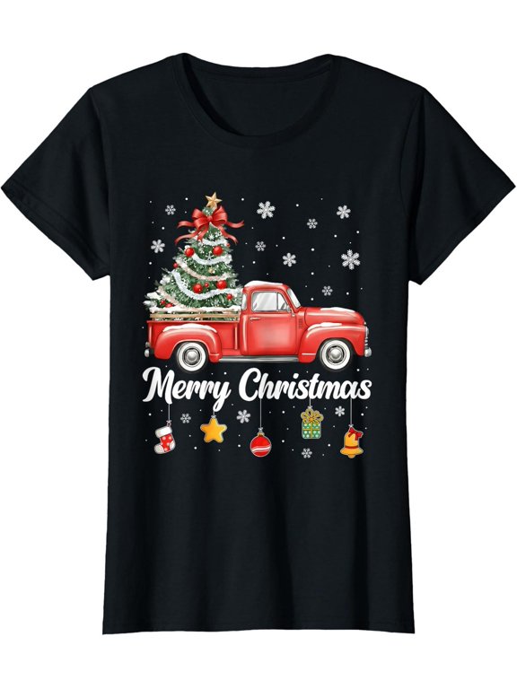 Women T Shirt with Cute Red Truck Family Pijama Design Soft Cotton Blend