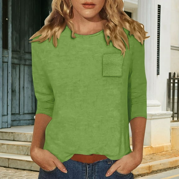 Women T Shirts 3/4 Length Sleeve Womens Tops Casual Loose Fit Crewneck T Shirts Cute Solid Three Quarter Length Tunic Tops,Green Women Blending Shirts Xl