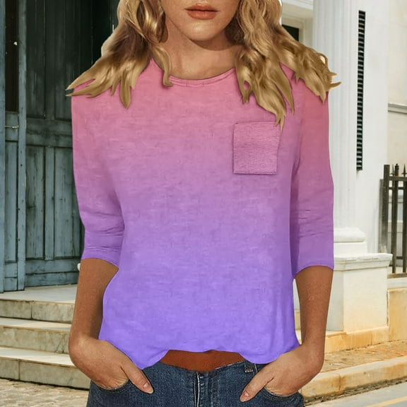 Women T Shirts 3/4 Length Sleeve Womens Tops Casual Loose Fit Crewneck T Shirts Cute Solid Three Quarter Length Tunic Tops,Pink Women Blending Shirts Xxl