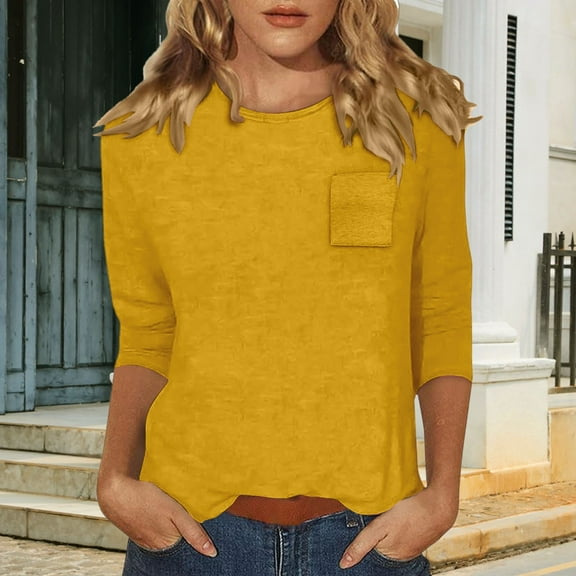 Women T Shirts 3/4 Length Sleeve Womens Tops Casual Loose Fit Crewneck T Shirts Cute Solid Three Quarter Length Tunic Tops,Yellow Women Blending Shirts M
