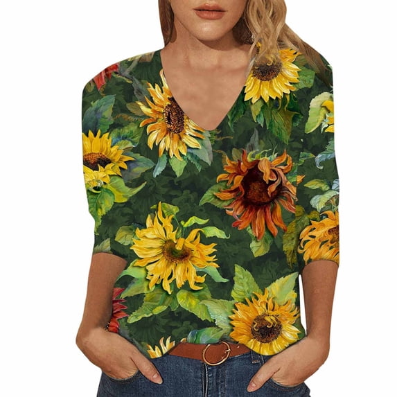 Women T-Shirts 3/4 Sleeve Flower Printed V-Neck Comfortable Casual Fashion T-Shirt Leisure Outdoor Steetwear Female Dailywear
