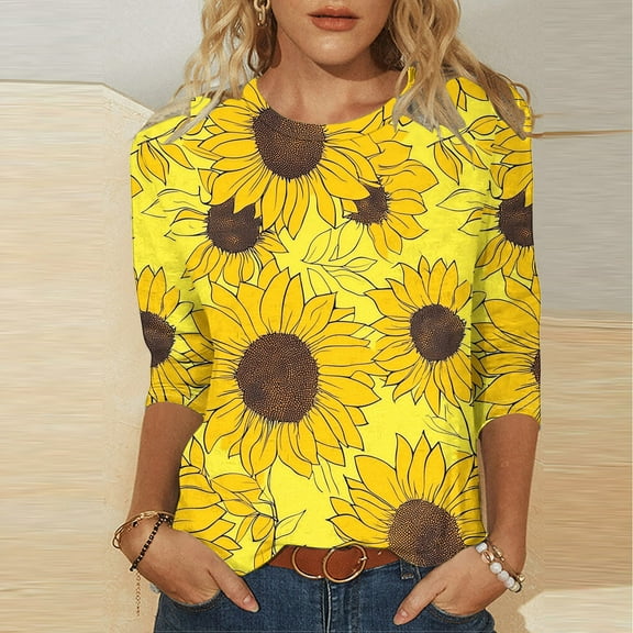 Women T Shirts Casual Casual Blouses for Women Summer Blouses for Women 2025 Shirts for Women 2025 Tee Womens Women Tshirts Women's Fashion Printed T-Shirt 3/4 Sleeves Blouse Round Neck Casual Blouse