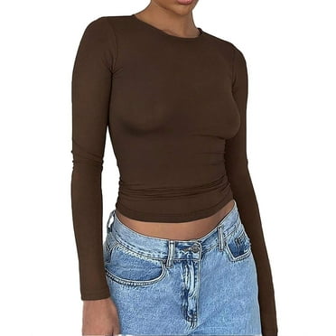 Women T-Shirts Coffee Brown Colour Plain Round Neck Long Sleeve Casual