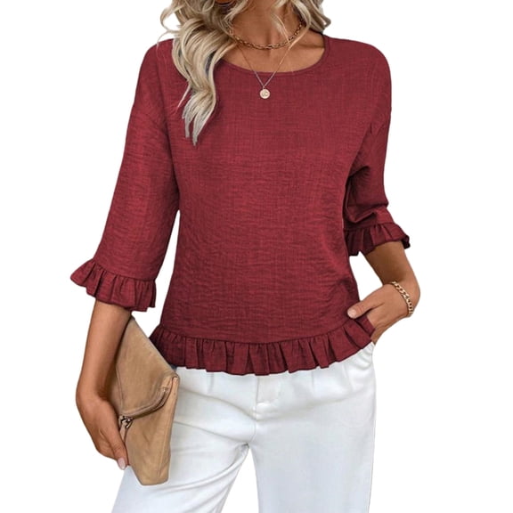 Women T Shirts Cute Ruffle Short Sleeve Crewneck Casual Linen Tops Summer Fashion Clothes Wine Red L