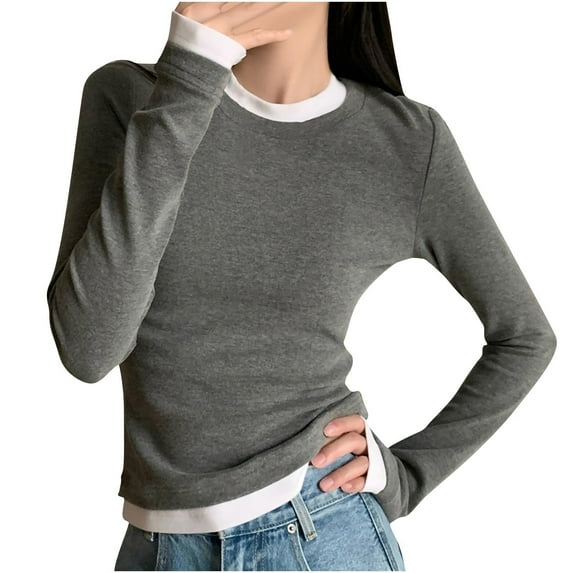 Women T Shirts Fake Two Piece Casual Tops Slim Fit Crewneck Long Sleeve Shirt Pullover Tunic Blouse
