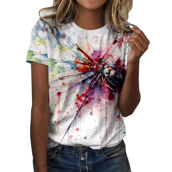 Women T Shirts Fun Dragonfly Print Classic Short Sleeve Tees Tops Vintage Floral Trendy Casual Round Neck Blouses