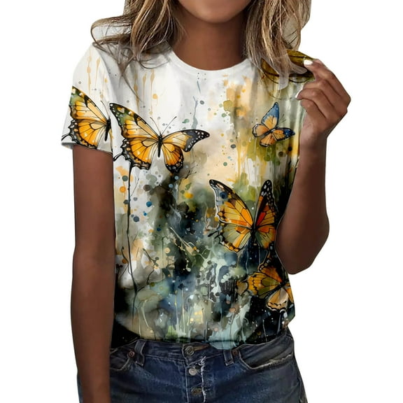 Women T Shirts Fun Dragonfly Print Classic Short Sleeve Tees Tops Vintage Floral Trendy Casual Round Neck Blouses