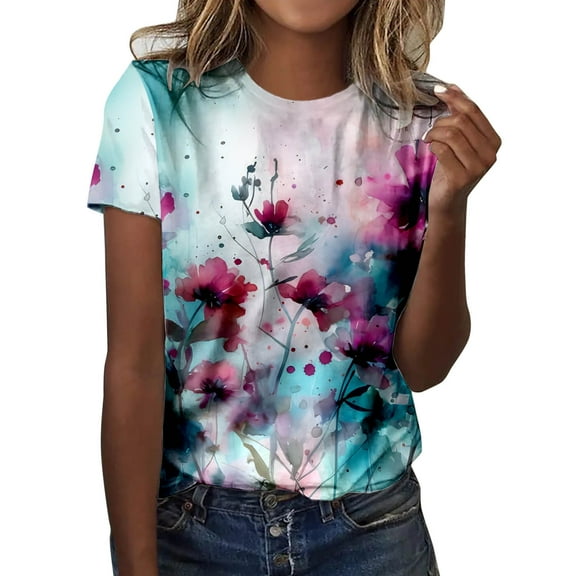 Women T Shirts Fun Dragonfly Print Classic Short Sleeve Tees Tops Vintage Floral Trendy Casual Round Neck Blouses