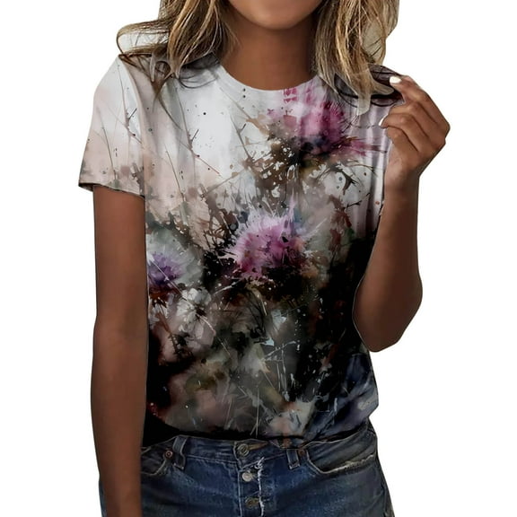 Women T Shirts Fun Dragonfly Print Classic Short Sleeve Tees Tops Vintage Floral Trendy Casual Round Neck Blouses