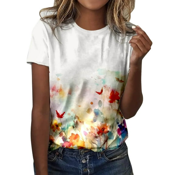 Women T Shirts Fun Dragonfly Print Classic Short Sleeve Tees Tops Vintage Floral Trendy Casual Round Neck Blouses