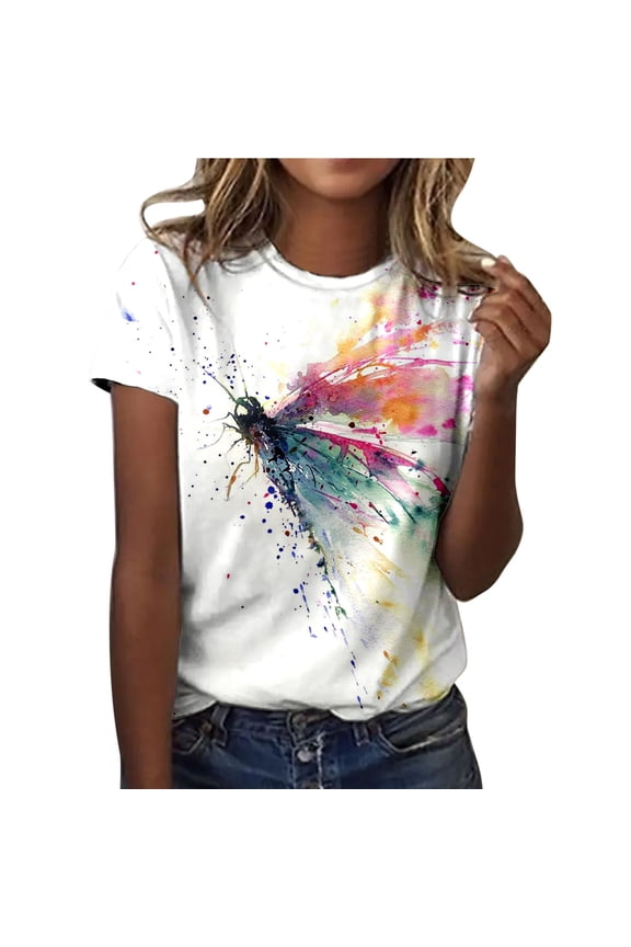Women T Shirts Fun Dragonfly Print Classic Short Sleeve Tees Tops Vintage Floral Trendy Casual Round Neck Blouses