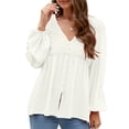 thumbnail image 1 of Women T Shirts Lace Stitching V Neck Long Puff Sleeve Single Breasted Decoration Casual Top White L, 1 of 6