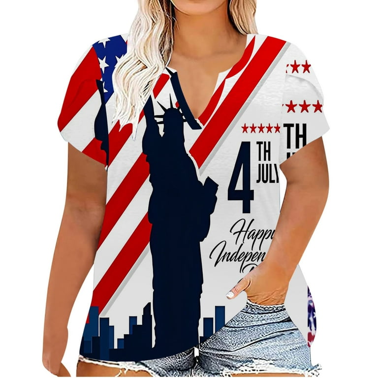 Women T-Shirts Loose Large Size Independence Day Printed Short Sleeve  V-Neck T-Shirt Simple Outdoor Steetwear Ladies Dailywear 