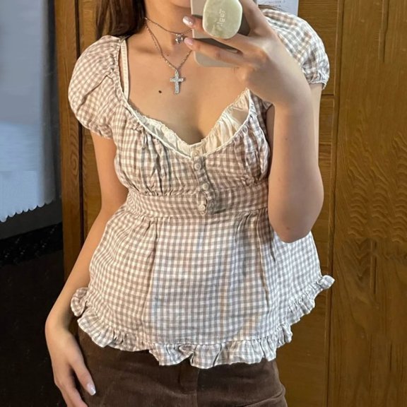 Women T Shirts Ruffle Sleeve Plaid Scoop Neck Short Sleeve Lace Detailed Ruched Blouse for Everyday Wear Womens Tees Beige L