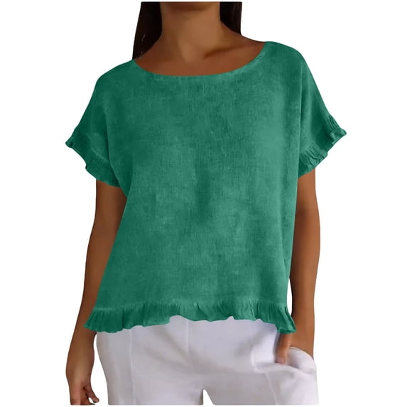 Women T Shirts Short Sleeve Solid Cotton Linen Tops Round Neck Casual Shirt Tops Comfortable Shirts