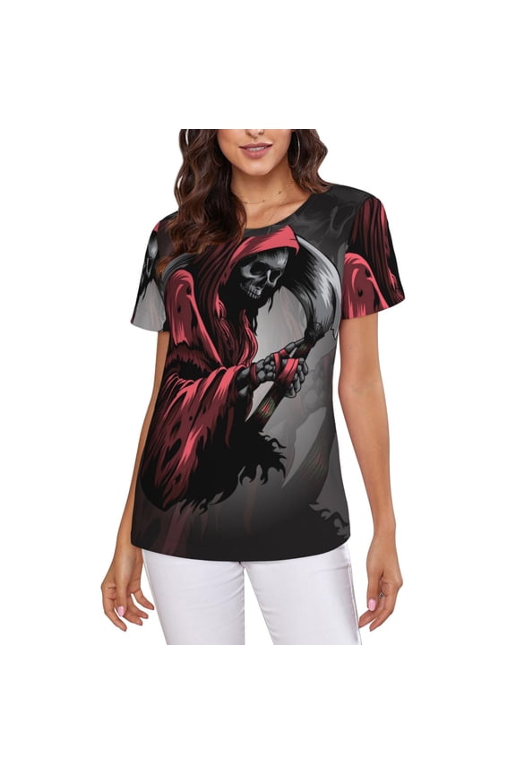 Women T Shirts Short Sleeve Summer Crew Neck Tee Tops, Gothic Death Skull Grim Reaper