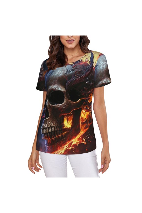 Women T Shirts Short Sleeve Summer Crew Neck Tee Tops, Gothic Skull On Fire Death Cool