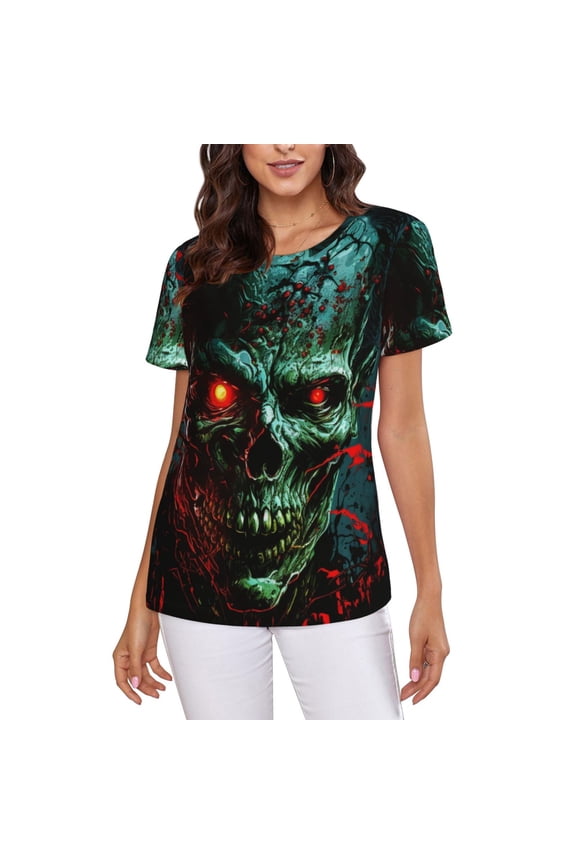 Women T Shirts Short Sleeve Summer Crew Neck Tee Tops, Skull Ghost Zombies Head Red Eyes Cool