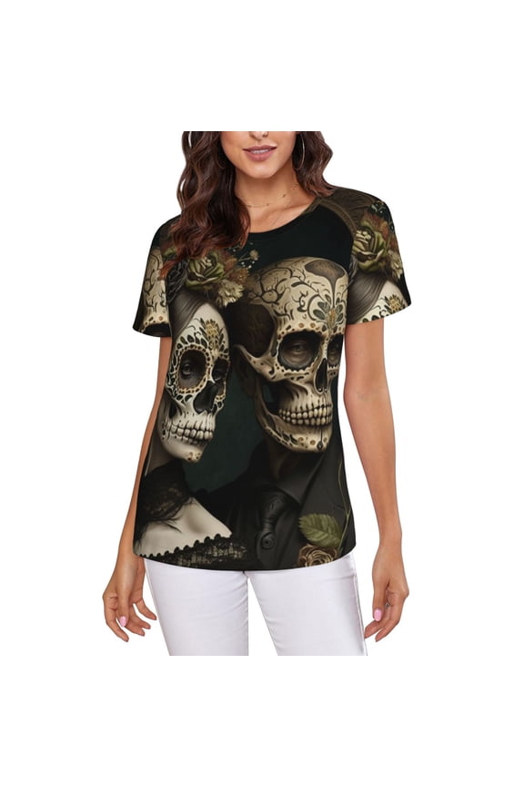Women T Shirts Short Sleeve Summer Crew Neck Tee Tops, Skulls Lovers Day Of The Dead