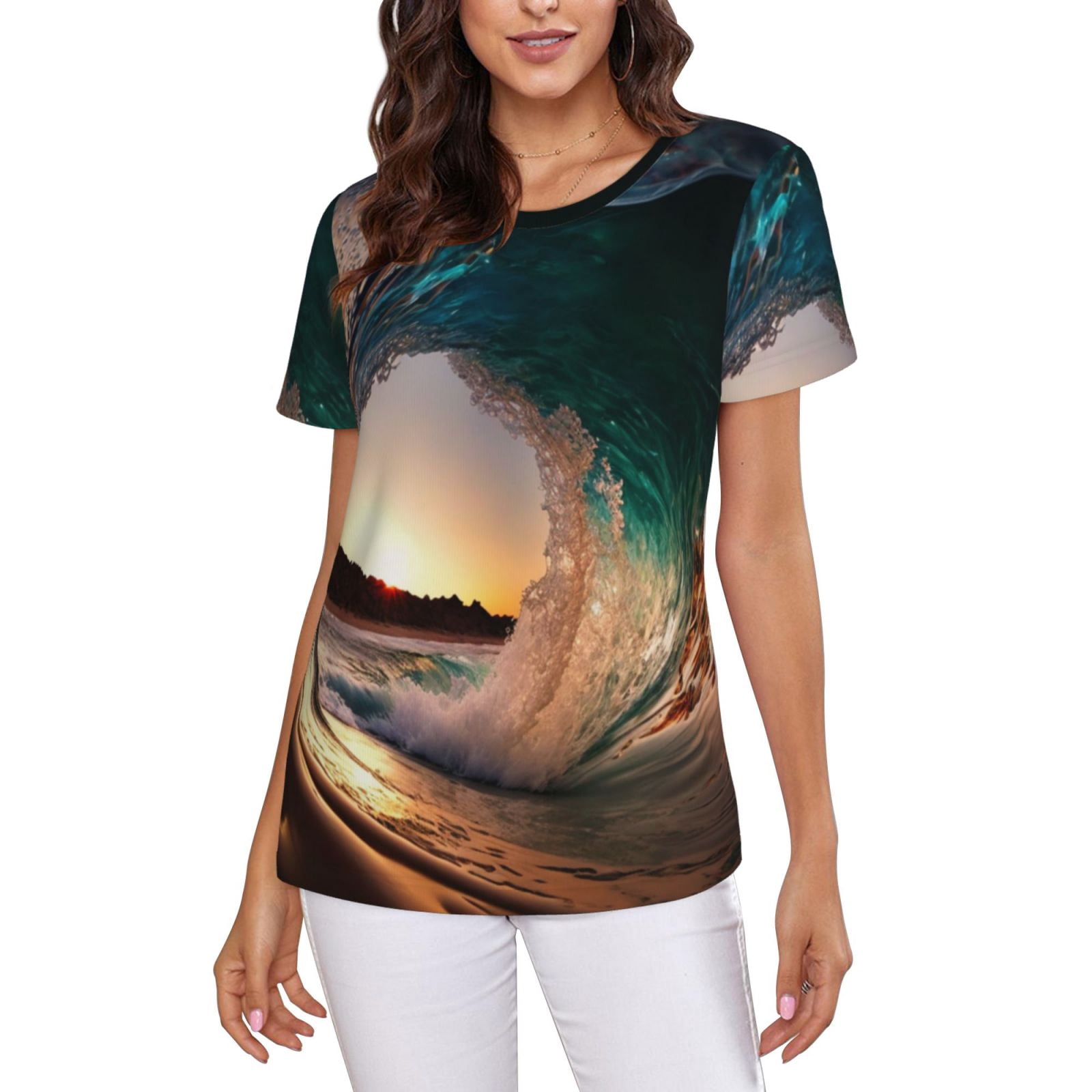 Women T Shirts Short Sleeve Summer Crew Neck Tee Tops, Wave Inside Hollow Morning Surf