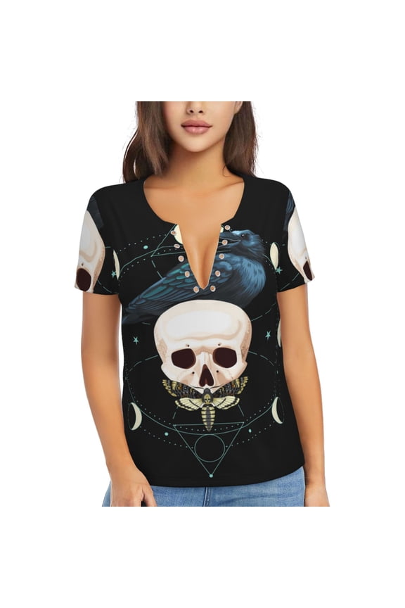 Women T Shirts Short Sleeve Summer Deep V Neck Tops, Black Raven Skull Moth Moon