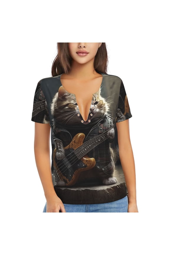 Women T Shirts Short Sleeve Summer Deep V Neck Tops, Cat Playing Guitar Rock Music