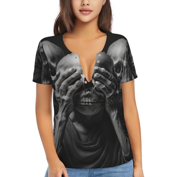 Women T Shirts Short Sleeve Summer Deep V Neck Tops, Death Skulls Gothic Skull