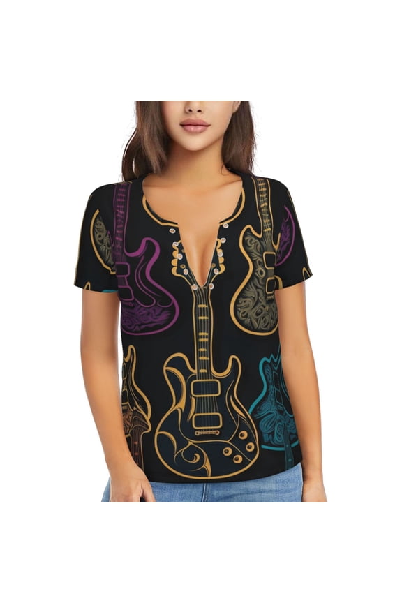 Women T Shirts Short Sleeve Summer Deep V Neck Tops, Electric Guitars Rock Music