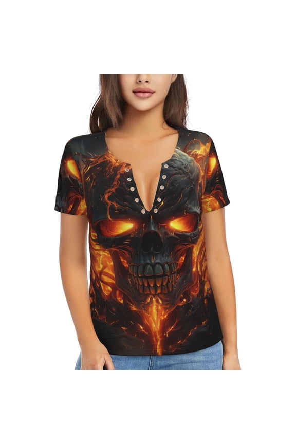 Women T Shirts Short Sleeve Summer Deep V Neck Tops, Fire Skull Gothic Cool