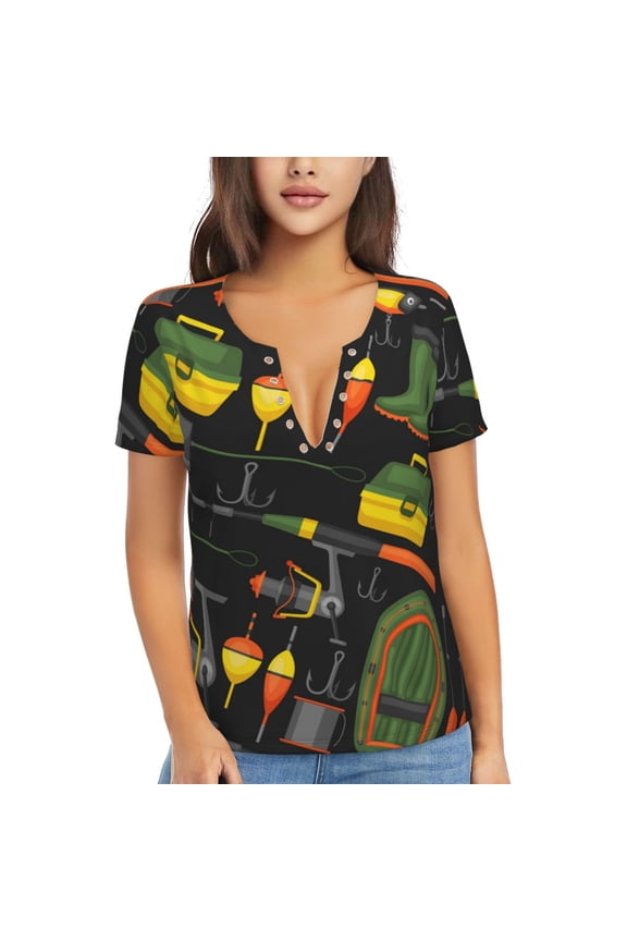 Women T Shirts Short Sleeve Summer Deep V Neck Tops, Fisherman Fishing Supplies Bait