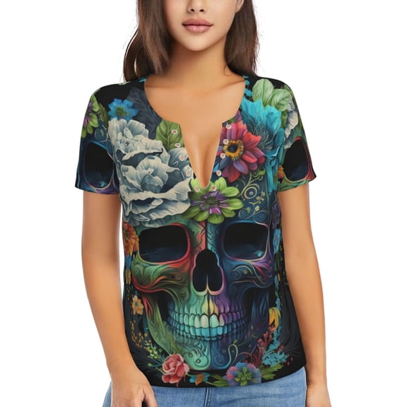Women T Shirts Short Sleeve Summer Deep V Neck Tops, Floral Sugar Skull Flowers