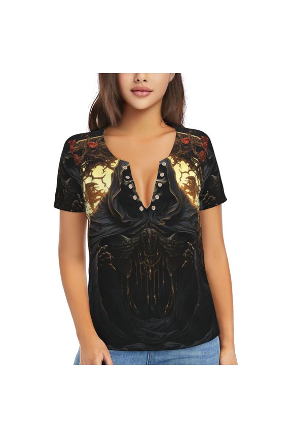 Women T Shirts Short Sleeve Summer Deep V Neck Tops, Grim Reaper Skull Angel Skeleton Cool