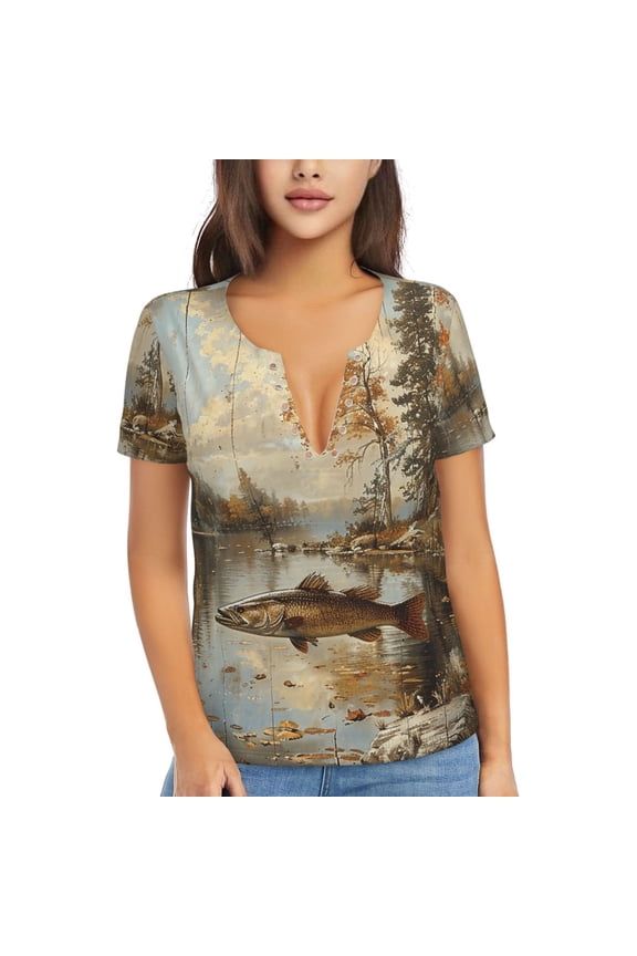 Women T Shirts Short Sleeve Summer Deep V Neck Tops, Hunting Cabin Fish Leaf Fishing Vintage