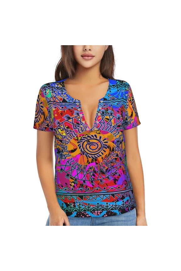 Women T Shirts Short Sleeve Summer Deep V Neck Tops, Indian Tribal Art Colorful