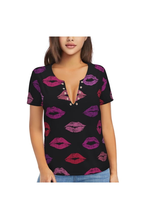 Women T Shirts Short Sleeve Summer Deep V Neck Tops, Lips Kiss