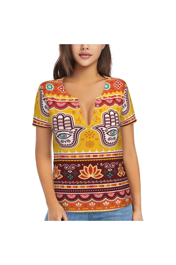 Women T Shirts Short Sleeve Summer Deep V Neck Tops, Pakistani Indian Evil Eye Hamsa Hand