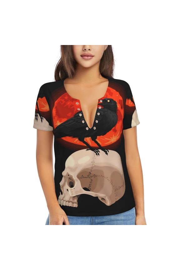 Women T Shirts Short Sleeve Summer Deep V Neck Tops, Raven Skull Red Moon