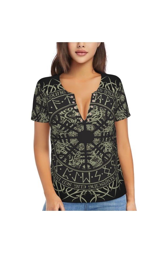 Women T Shirts Short Sleeve Summer Deep V Neck Tops, Runic Scandinavian Circle