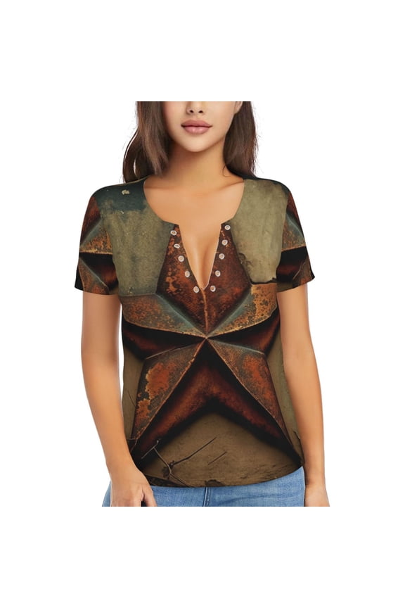 Women T Shirts Short Sleeve Summer Deep V Neck Tops, Rusty Stars Primitive Country Rustic Vintage
